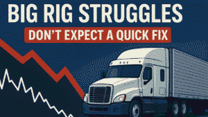 A graph and semi truck illustrating the ongoing freight recession.