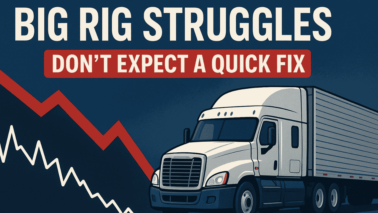A graph and semi truck illustrating the ongoing freight recession.
