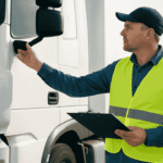 Truck driver English language law inspection at roadside checkpoint