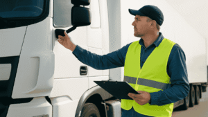 Truck driver English language law inspection at roadside checkpoint