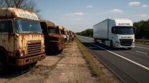 electric freight trucks on highway overtaking hydrogen trucks