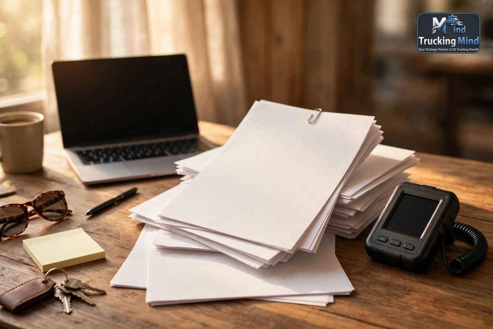 A new carrier's desk with authority paperwork, an ELD device and a laptop, set up during the 21-day authority waiting period