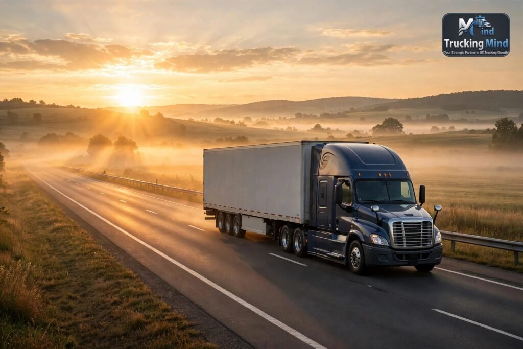 Semi truck with a dry van trailer driving on a US interstate at sunrise, the start of a new trucking company