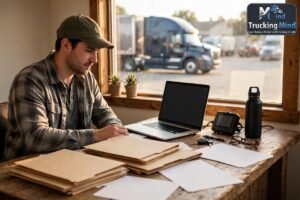 New owner-operator at a desk with authority paperwork, a laptop and an electronic logging device, working through the FMCSA registration steps