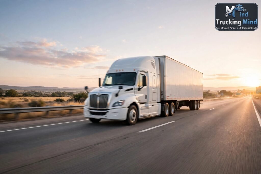 White semi truck with a dry van trailer driving on a US interstate at sunrise, the kind of for-hire operation that needs both a USDOT number and operating authority