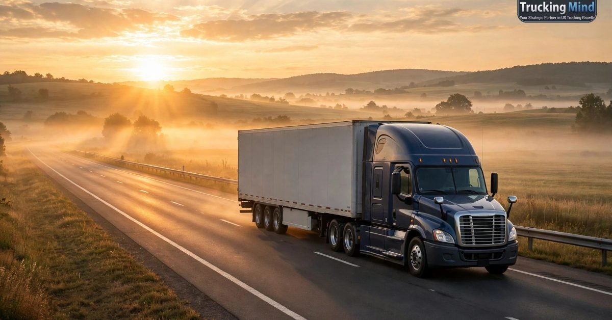 Semi truck with a dry van trailer driving on a US interstate at sunrise, the start of a new trucking company