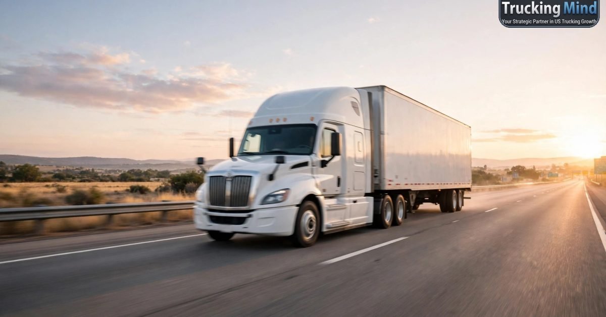White semi truck with a dry van trailer driving on a US interstate at sunrise, the kind of for-hire operation that needs both a USDOT number and operating authority